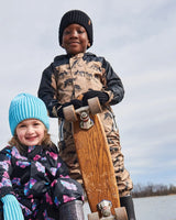 Printed Mid-Season One-Piece Outerwear Black Dinosaur On Beige Background | Deux par Deux | Jenni Kidz