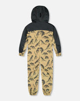 Printed Mid-Season One-Piece Outerwear Black Dinosaur On Beige Background | Deux par Deux | Jenni Kidz