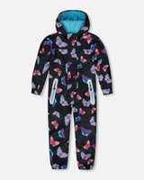 Printed Mid-Season One-Piece Outerwear Multicolored Butterflies On Black Background | Deux par Deux | Jenni Kidz