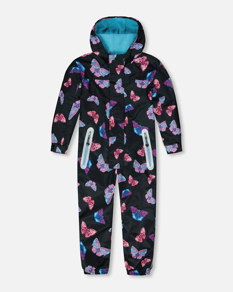 Printed Mid-Season One-Piece Outerwear Multicolored Butterflies On Black Background | Deux par Deux | Jenni Kidz