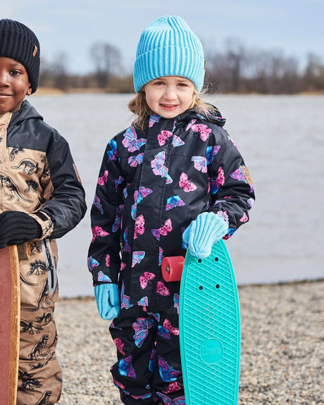 Printed Mid-Season One-Piece Outerwear Multicolored Butterflies On Black Background | Deux par Deux | Jenni Kidz