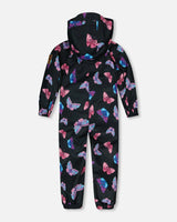 Printed Mid-Season One-Piece Outerwear Multicolored Butterflies On Black Background | Deux par Deux | Jenni Kidz