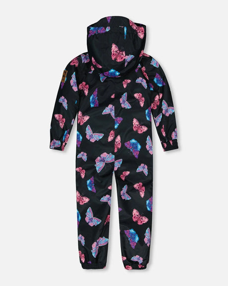 Printed Mid-Season One-Piece Outerwear Multicolored Butterflies On Black Background | Deux par Deux | Jenni Kidz