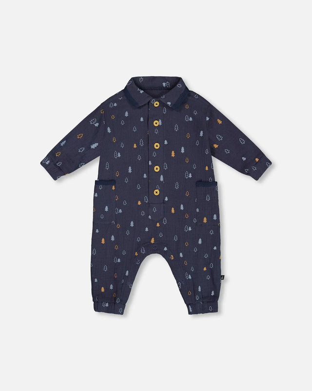 Printed Muslin Jumpsuit Blue With Pine | Deux par Deux | Jenni Kidz