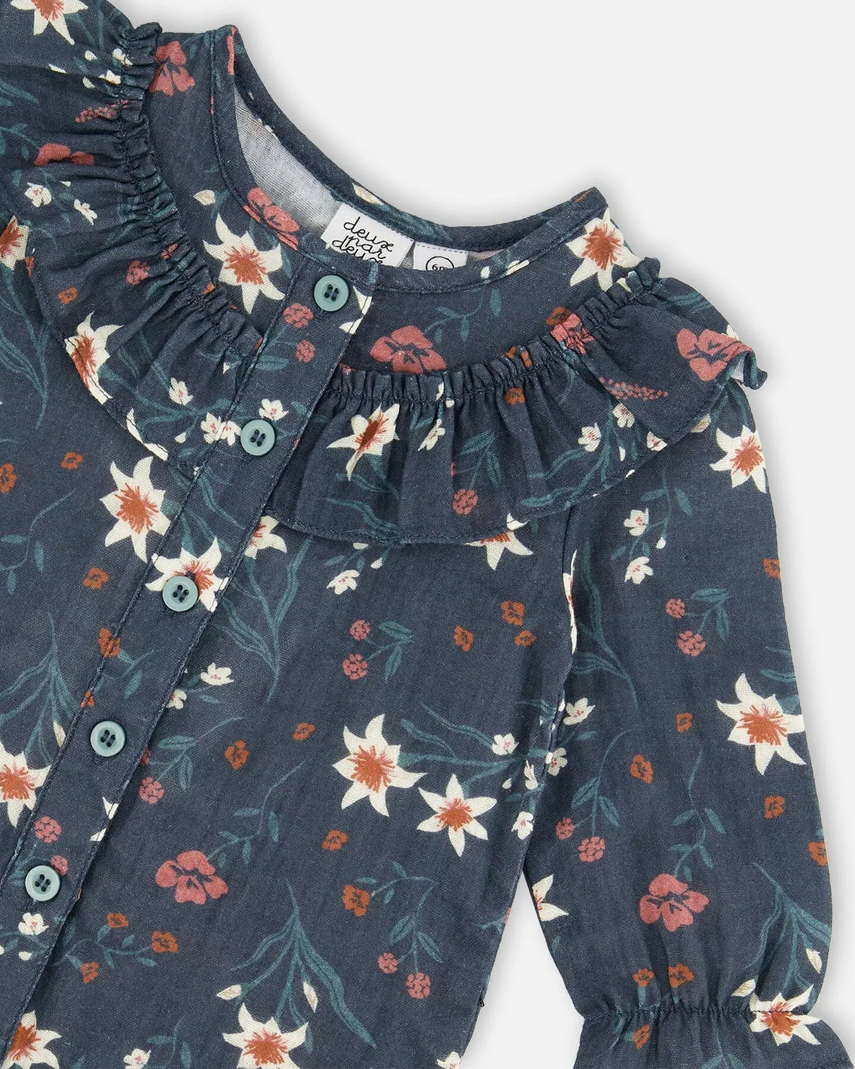 Printed Muslin Jumpsuit Teal With Flowers | Deux par Deux | Jenni Kidz