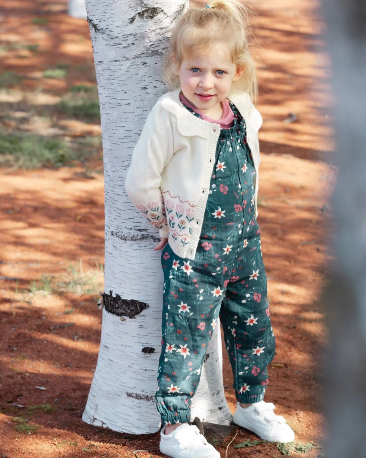 Printed Muslin Overall Teal With Flowers | Deux par Deux | Jenni Kidz