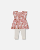 Printed Muslin Tunic And Rib Leggings Set Pink And White Flowers | Deux par Deux | Jenni Kidz