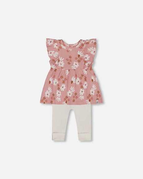 Printed Muslin Tunic And Rib Leggings Set Pink And White Flowers | Deux par Deux | Jenni Kidz
