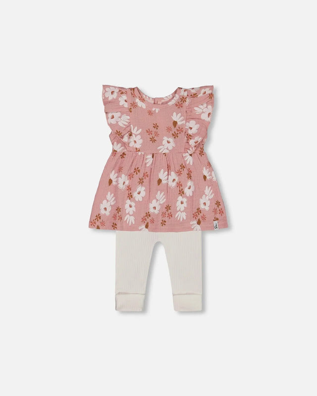 Printed Muslin Tunic And Rib Leggings Set Pink And White Flowers | Deux par Deux | Jenni Kidz