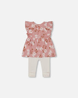 Printed Muslin Tunic And Rib Leggings Set Pink And White Flowers | Deux par Deux | Jenni Kidz