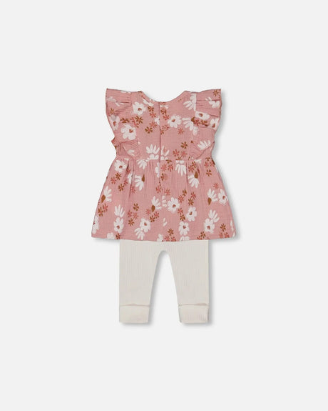 Printed Muslin Tunic And Rib Leggings Set Pink And White Flowers | Deux par Deux | Jenni Kidz