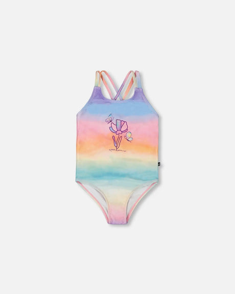Printed One-Piece Swimsuit Flowers On Multicolored Background | Deux par Deux | Jenni Kidz
