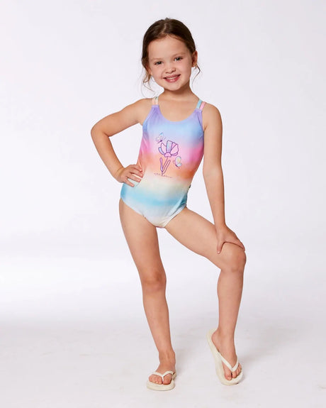 Printed One-Piece Swimsuit Flowers On Multicolored Background | Deux par Deux | Jenni Kidz