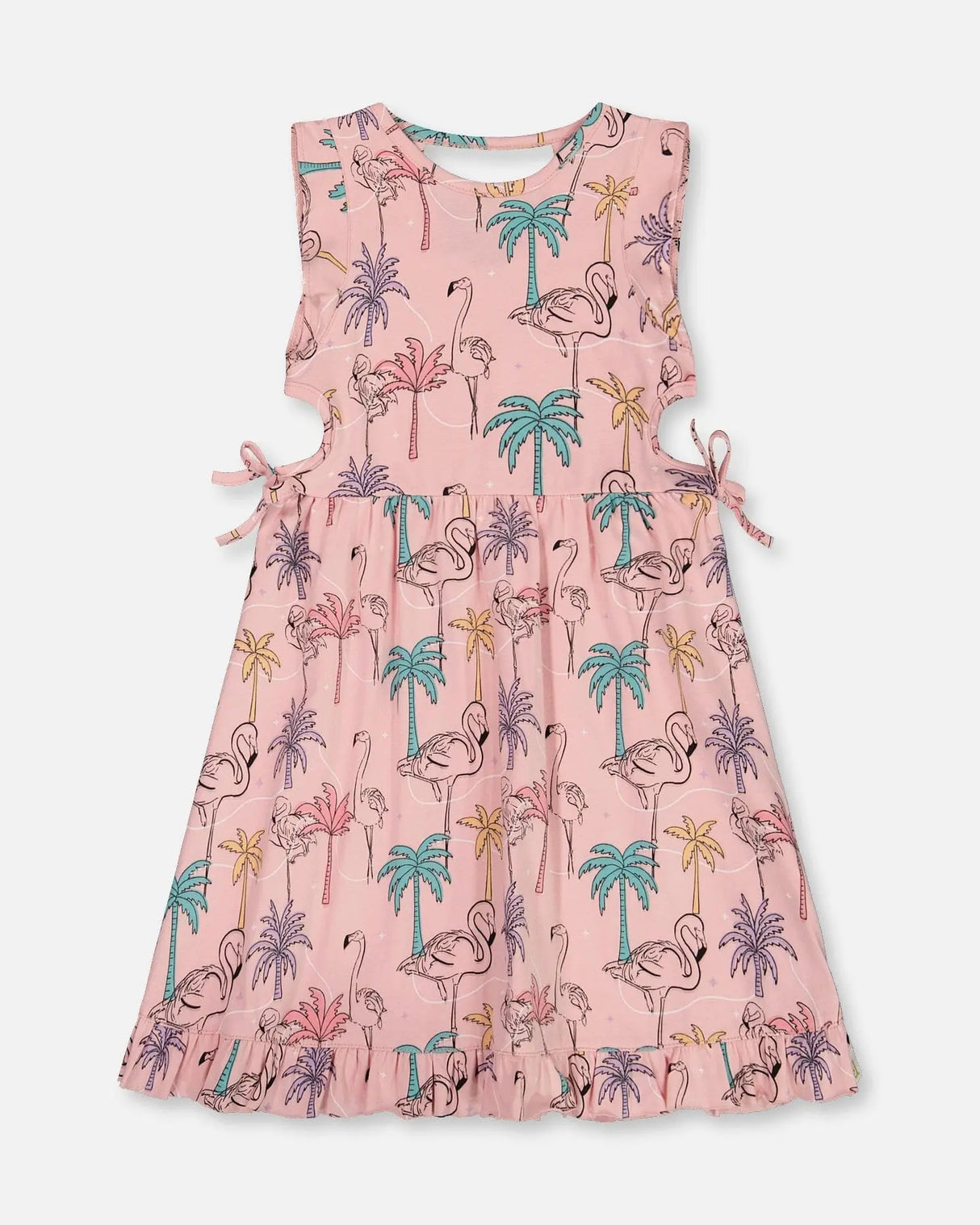 Printed Organic Cotton Dress With Cut Outs Palm Trees, Pink Flamingo, And Turquoise | Deux par Deux | Jenni Kidz