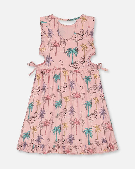 Printed Organic Cotton Dress With Cut Outs Palm Trees, Pink Flamingo, And Turquoise | Deux par Deux | Jenni Kidz
