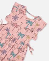 Printed Organic Cotton Dress With Cut Outs Palm Trees, Pink Flamingo, And Turquoise | Deux par Deux | Jenni Kidz
