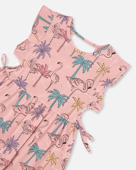 Printed Organic Cotton Dress With Cut Outs Palm Trees, Pink Flamingo, And Turquoise | Deux par Deux | Jenni Kidz