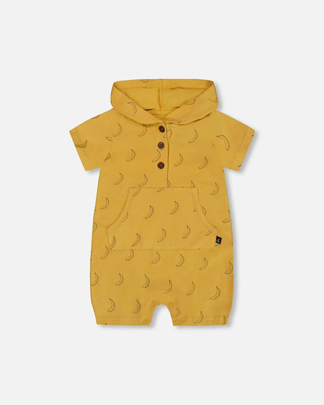 Printed Organic Cotton Hooded Romper Yellow Bananas | Deux par Deux | Jenni Kidz