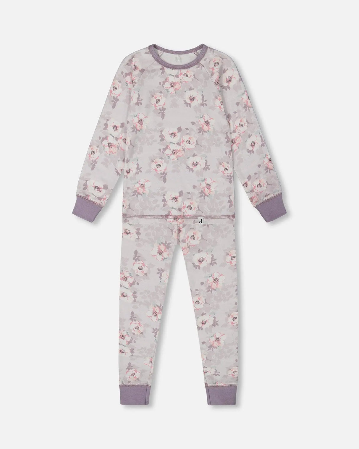 Printed Organic Cotton Long Sleeve Top And Pant Pajama Set Pale Pink Flowers On Neutral Lilac | Deux par Deux | Jenni Kidz