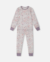 Printed Organic Cotton Long Sleeve Top And Pant Pajama Set Pale Pink Flowers On Neutral Lilac | Deux par Deux | Jenni Kidz
