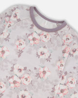 Printed Organic Cotton Long Sleeve Top And Pant Pajama Set Pale Pink Flowers On Neutral Lilac | Deux par Deux | Jenni Kidz