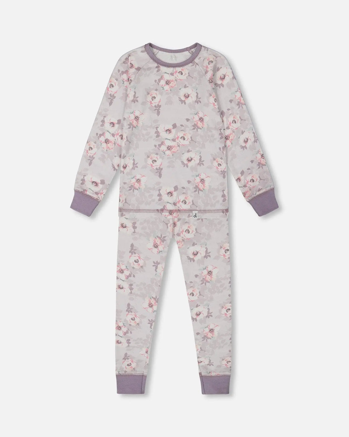 Printed Organic Cotton Long Sleeve Top And Pant Pajama Set Pale Pink Flowers On Neutral Lilac | Deux par Deux | Jenni Kidz