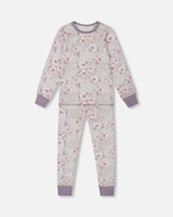 Printed Organic Cotton Long Sleeve Top And Pant Pajama Set Pale Pink Flowers On Neutral Lilac | Deux par Deux | Jenni Kidz
