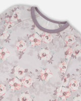 Printed Organic Cotton Long Sleeve Top And Pant Pajama Set Pale Pink Flowers On Neutral Lilac | Deux par Deux | Jenni Kidz