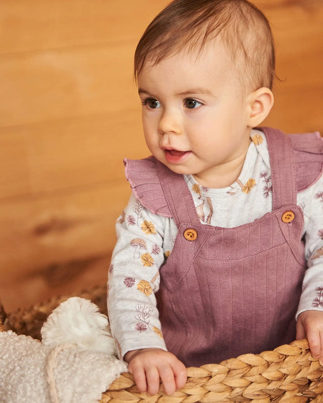 Printed Organic Cotton Onesie And Pointelle Overall Set Woodrose | Deux par Deux | Jenni Kidz