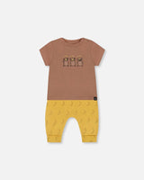 Printed Organic Cotton Top And Pant Set Yellow Bananas And Brown | Deux par Deux | Jenni Kidz