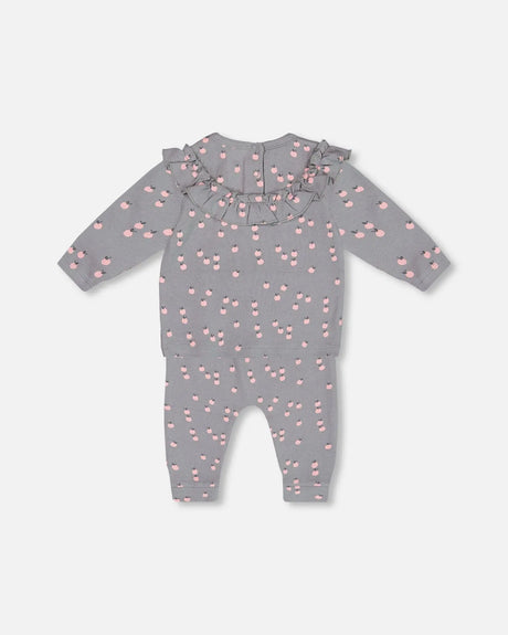 Printed Organic Cotton Top And Pants Set Gray With Apples | Deux par Deux | Jenni Kidz