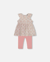 Printed Organic Cotton Tunic And Leggings Set White With Pink Flowers | Deux par Deux | Jenni Kidz