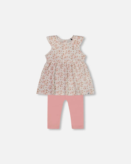 Printed Organic Cotton Tunic And Leggings Set White With Pink Flowers | Deux par Deux | Jenni Kidz