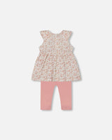 Printed Organic Cotton Tunic And Leggings Set White With Pink Flowers | Deux par Deux | Jenni Kidz