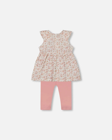 Printed Organic Cotton Tunic And Leggings Set White With Pink Flowers | Deux par Deux | Jenni Kidz