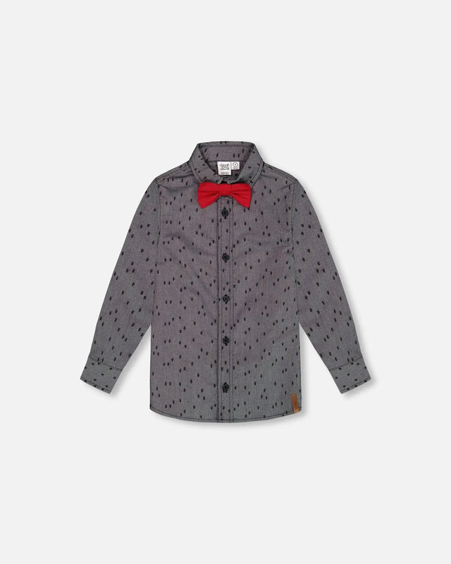 Printed Pine Chambray Shirt With Bow Tie Gray | Deux par Deux | Jenni Kidz