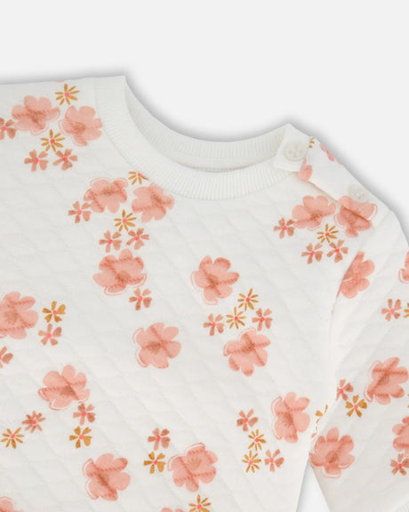 Printed Quilted Top And Pant Set White And Pink Flowers | Deux par Deux | Jenni Kidz