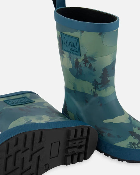 Printed Rain Boots Forest Green With Black Pines | Deux par Deux | Jenni Kidz