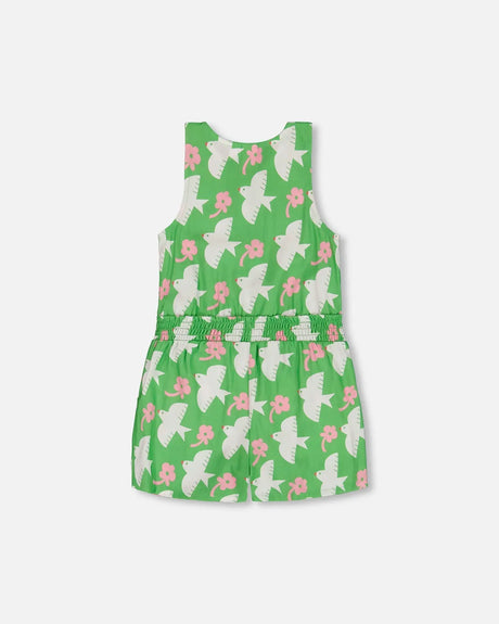Printed Romper With Frills Green With White And Pink Bird | Deux par Deux | Jenni Kidz