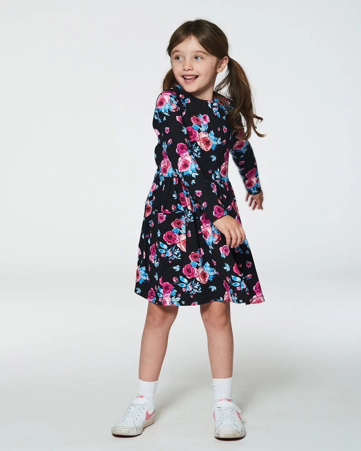 Printed Roses Dress With Pockets Black | Deux par Deux | Jenni Kidz