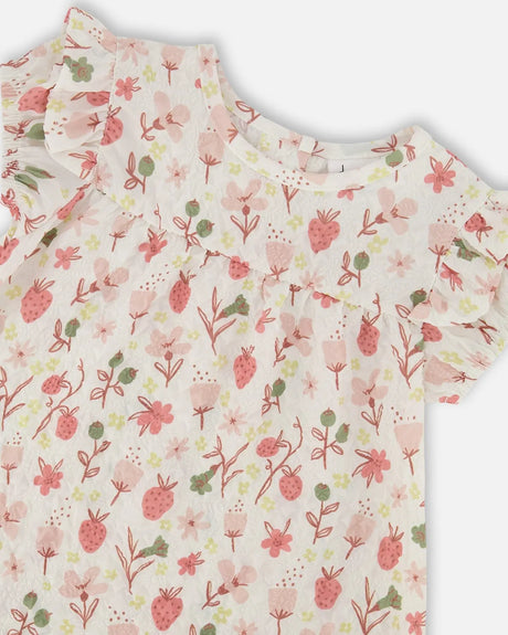 Printed Seersucker Dress And Bloomer Set Pink Flowers On Cream Background | Deux par Deux | Jenni Kidz