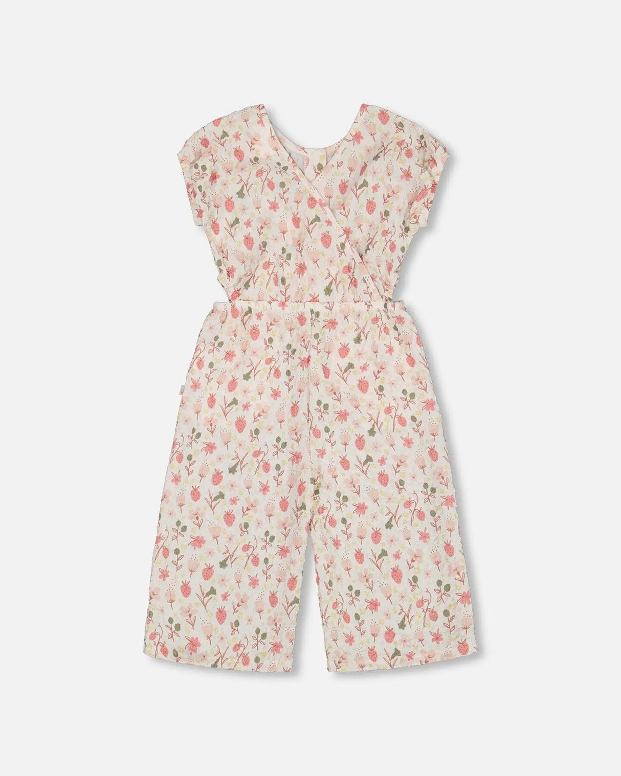 Printed Seersucker Jumpsuit With Cut Outs Pink Flowers On Cream Background | Deux par Deux | Jenni Kidz
