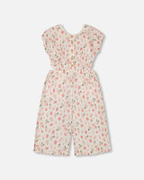Printed Seersucker Jumpsuit With Cut Outs Pink Flowers On Cream Background | Deux par Deux | Jenni Kidz