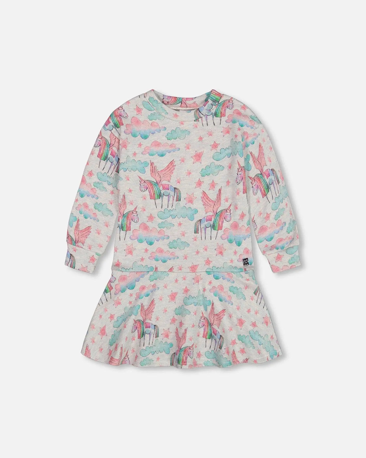 Printed Shiny French Terry Dress Gray Mix Printed Unicorn | Deux par Deux | Jenni Kidz