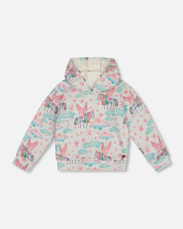 Printed Shiny French Terry Hoodie Gray Mix Printed Unicorn | Deux par Deux | Jenni Kidz