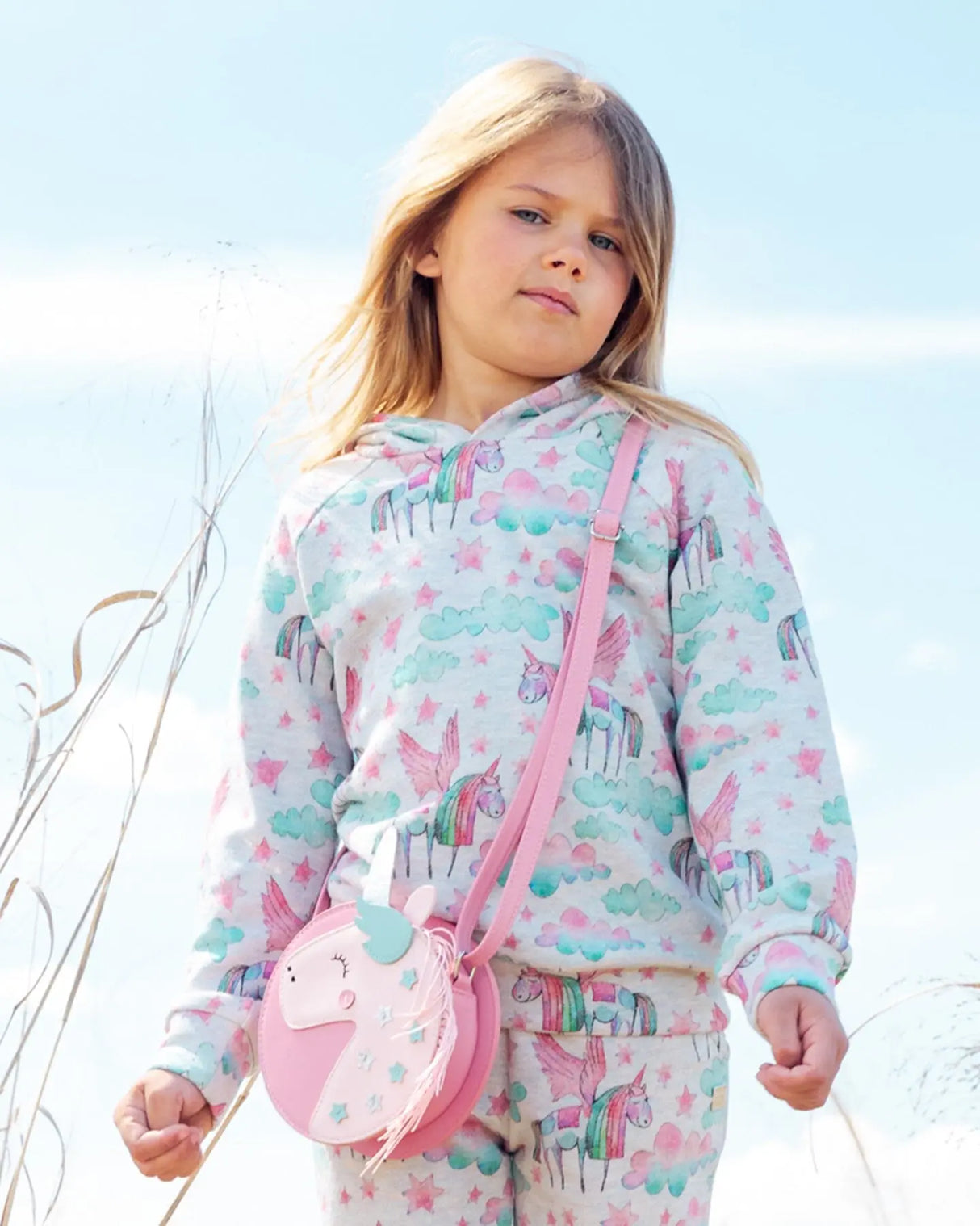 Printed Shiny French Terry Hoodie Gray Mix Printed Unicorn | Deux par Deux | Jenni Kidz