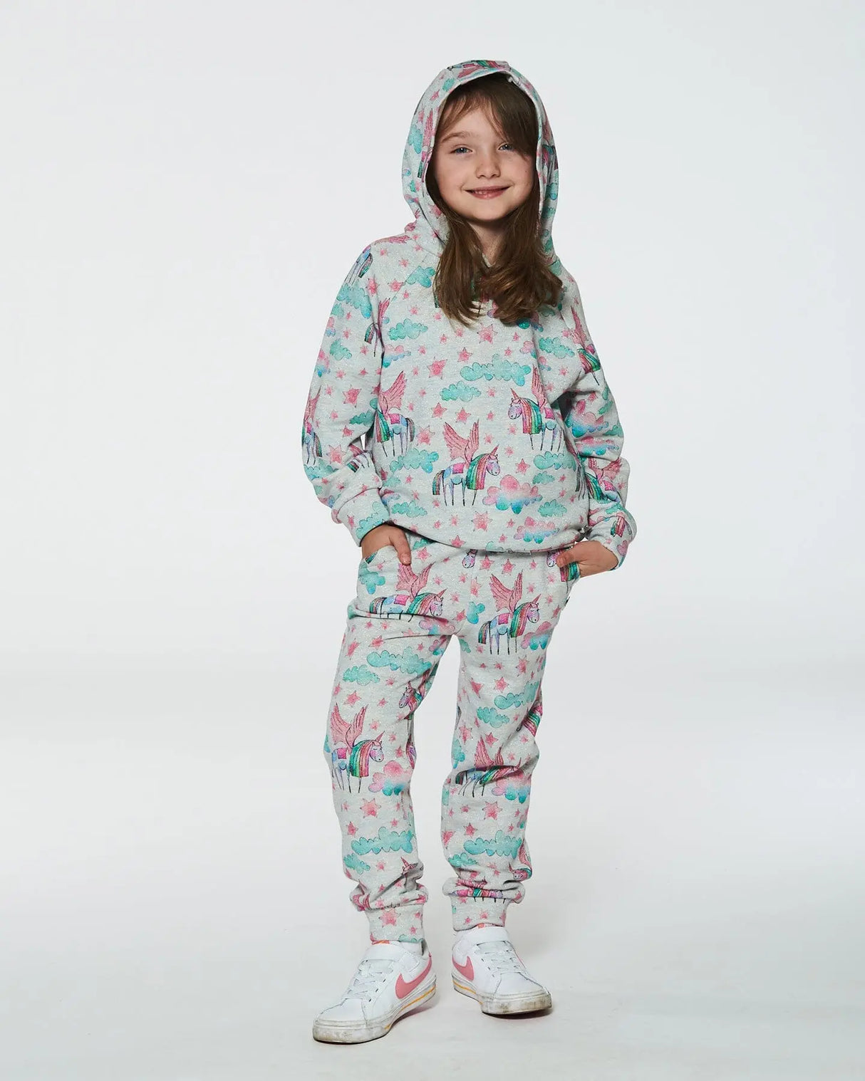 Printed Shiny French Terry Hoodie Gray Mix Printed Unicorn | Deux par Deux | Jenni Kidz