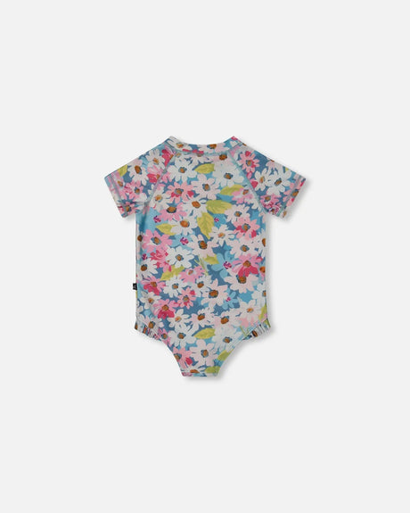 Printed Short Sleeve One-Piece Swimsuit With Frills White, Pink, And Green Flowers | Deux par Deux | Jenni Kidz