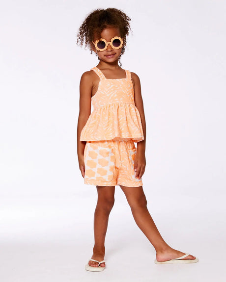 Printed Terry Tank Top And Shorts Set Vibrant Orange And White | Deux par Deux | Jenni Kidz