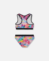 Printed Two-Piece Racerback Swimsuit Butterflies On Multicolored And Black Background | Deux par Deux | Jenni Kidz